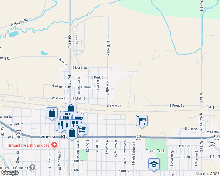 map of restaurants, bars, coffee shops, grocery stores, and more near East State Street in Kimball