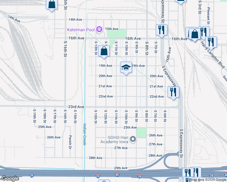 map of restaurants, bars, coffee shops, grocery stores, and more near 2110 South 11th Street in Council Bluffs