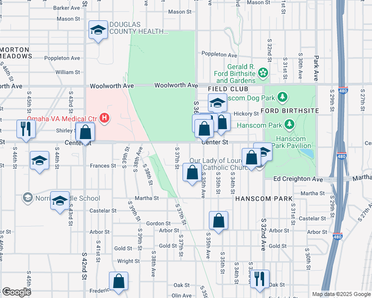 map of restaurants, bars, coffee shops, grocery stores, and more near 1912 South 36th Street in Omaha