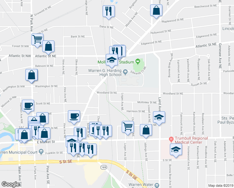 map of restaurants, bars, coffee shops, grocery stores, and more near 846 Woodland Street Northeast in Warren