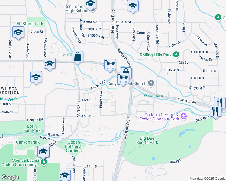 map of restaurants, bars, coffee shops, grocery stores, and more near 1208 East 1305 South in Ogden