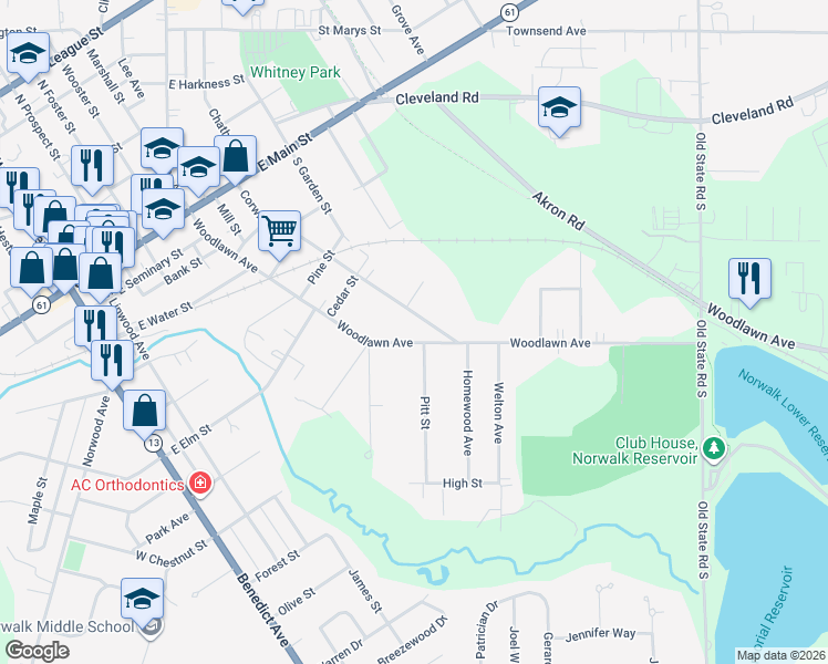 map of restaurants, bars, coffee shops, grocery stores, and more near 99 Woodlawn Avenue in Norwalk