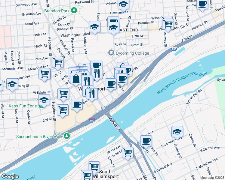map of restaurants, bars, coffee shops, grocery stores, and more near 123 East Canal Street in Williamsport