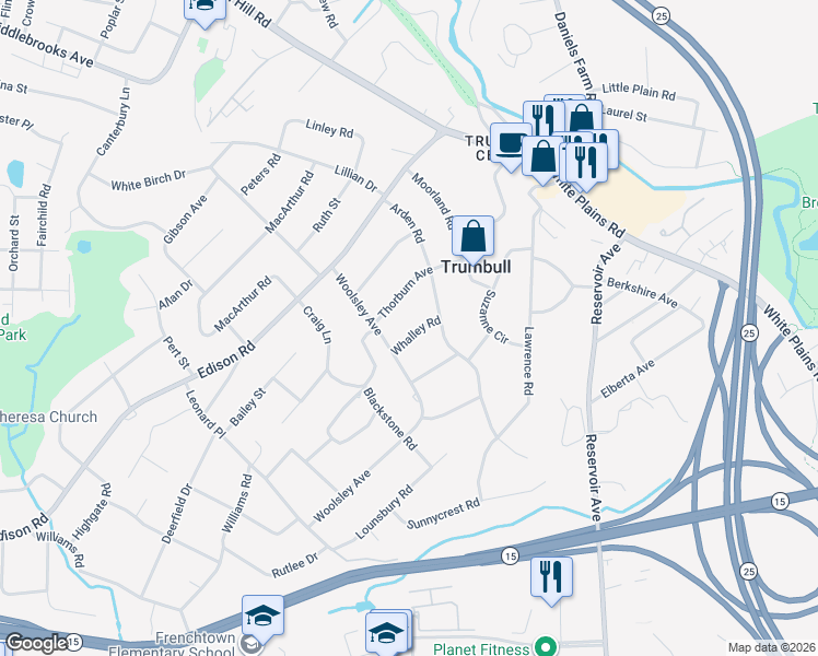 map of restaurants, bars, coffee shops, grocery stores, and more near 11 Whalley Road in Trumbull