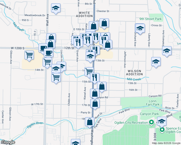 map of restaurants, bars, coffee shops, grocery stores, and more near 1405 Washington Boulevard in Ogden