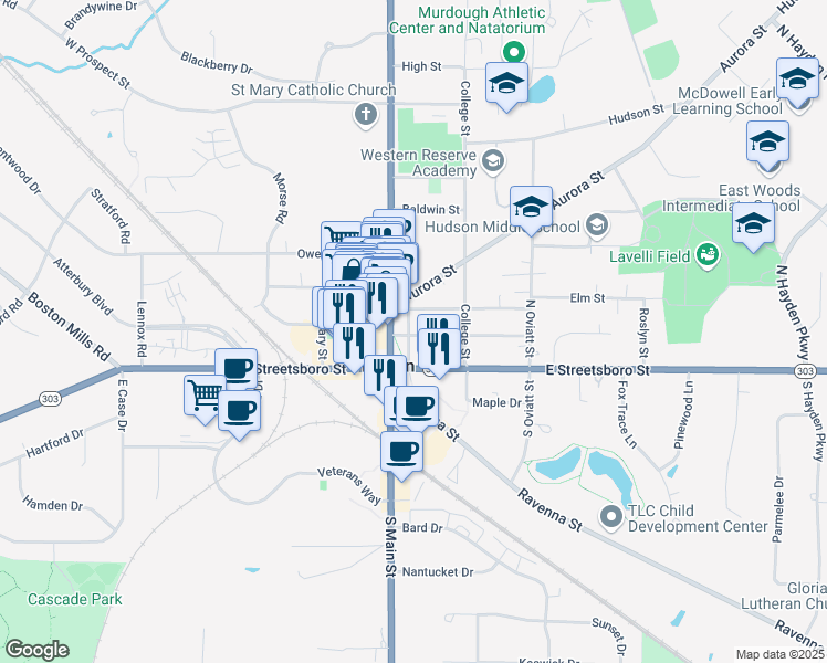 map of restaurants, bars, coffee shops, grocery stores, and more near 27 East Main Street in Hudson