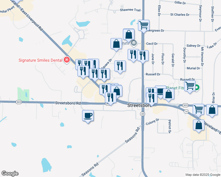 map of restaurants, bars, coffee shops, grocery stores, and more near 9374 Ohio 14 in Streetsboro