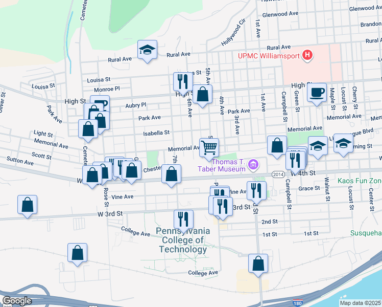 map of restaurants, bars, coffee shops, grocery stores, and more near 510 6th Avenue in Williamsport