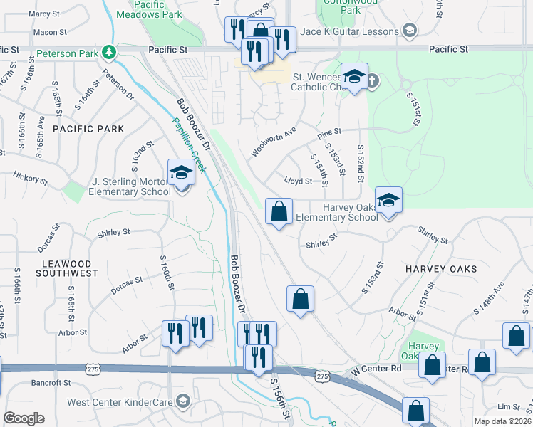 map of restaurants, bars, coffee shops, grocery stores, and more near 15594 Walnut Circle in Omaha