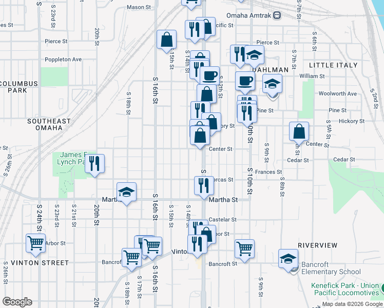 map of restaurants, bars, coffee shops, grocery stores, and more near 1907 South 14th Street in Omaha