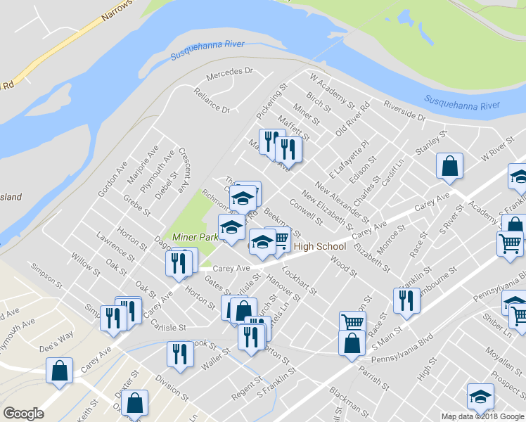 map of restaurants, bars, coffee shops, grocery stores, and more near 70 Beekman Street in Wilkes-Barre