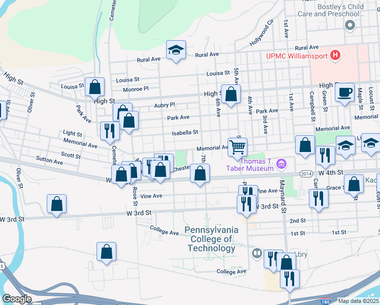 map of restaurants, bars, coffee shops, grocery stores, and more near 560 Lose Parkway in Williamsport