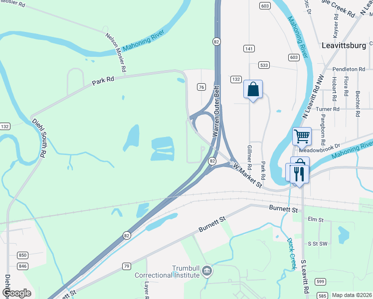 map of restaurants, bars, coffee shops, grocery stores, and more near 255 County Highway 845 in Leavittsburg