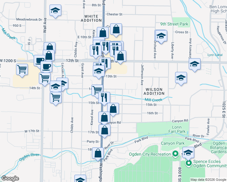 map of restaurants, bars, coffee shops, grocery stores, and more near 455 14th Street in Ogden