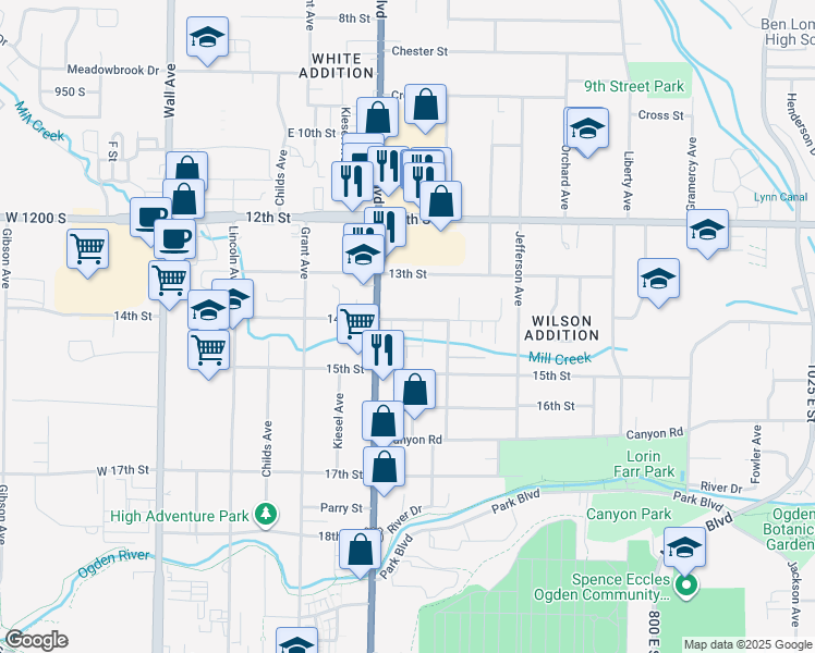 map of restaurants, bars, coffee shops, grocery stores, and more near 437 14th Street in Ogden