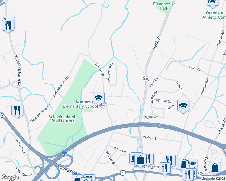 map of restaurants, bars, coffee shops, grocery stores, and more near 15 Valery Court in Milford