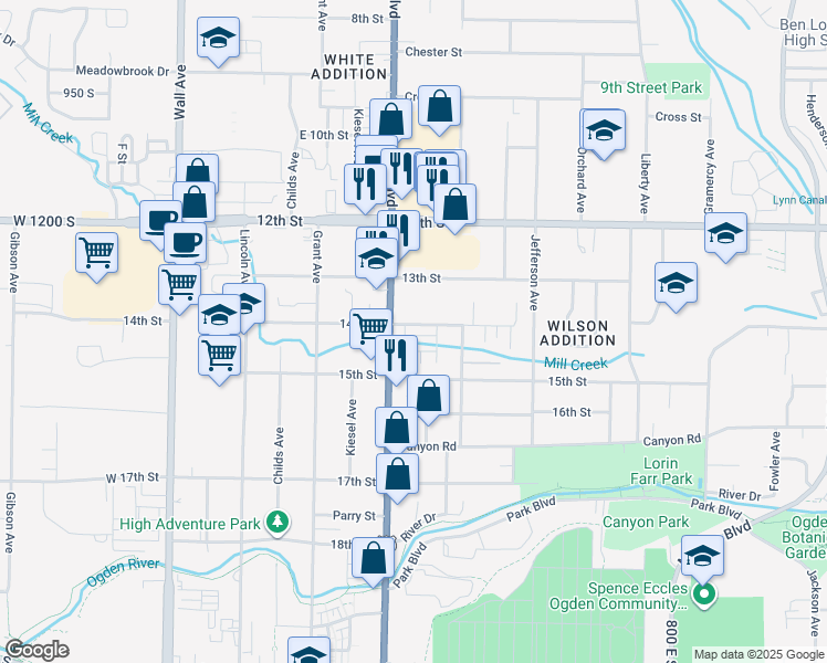 map of restaurants, bars, coffee shops, grocery stores, and more near 1412 Washington Boulevard in Ogden