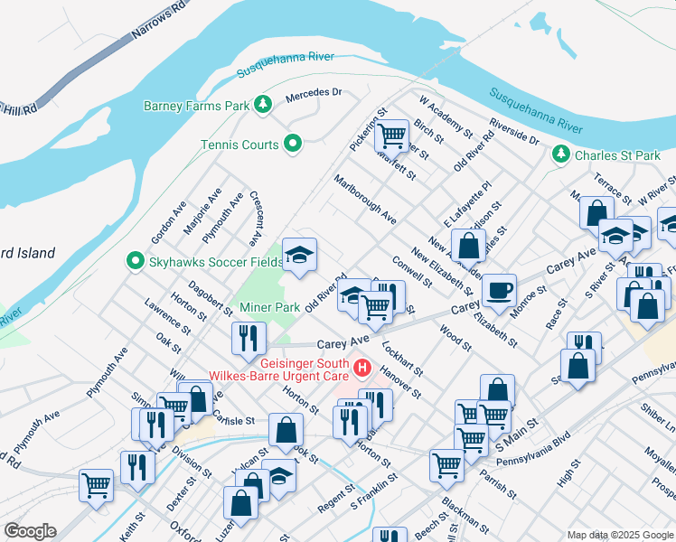 map of restaurants, bars, coffee shops, grocery stores, and more near 281 Old River Rd in Wilkes-Barre