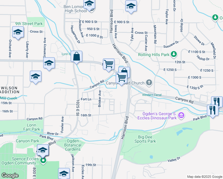 map of restaurants, bars, coffee shops, grocery stores, and more near 1208 East 1305 South in Ogden