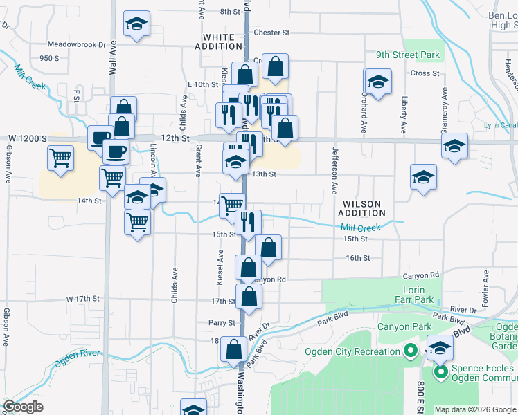 map of restaurants, bars, coffee shops, grocery stores, and more near 1412 Washington Boulevard in Ogden