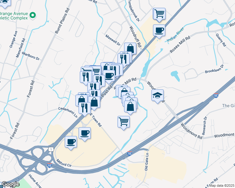 map of restaurants, bars, coffee shops, grocery stores, and more near 51-53 Roses Mill Rd in Milford