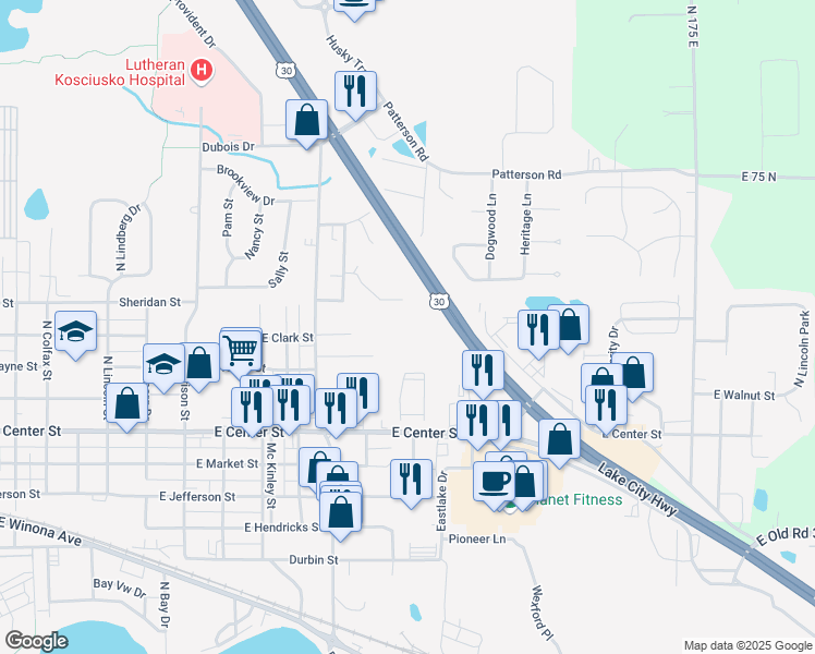 map of restaurants, bars, coffee shops, grocery stores, and more near Lake City Highway in Warsaw