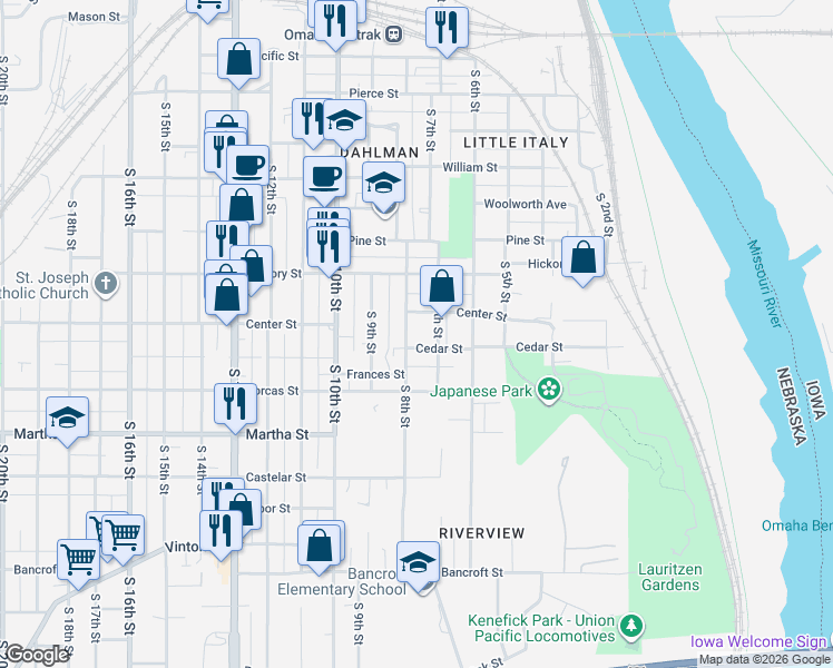 map of restaurants, bars, coffee shops, grocery stores, and more near 1919 South 8th Street in Omaha