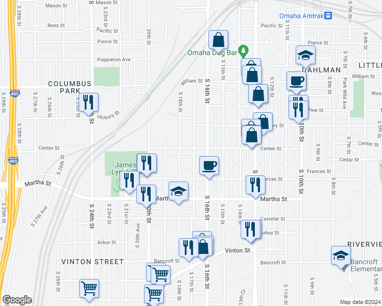 map of restaurants, bars, coffee shops, grocery stores, and more near 1912 South 17th Street in Omaha