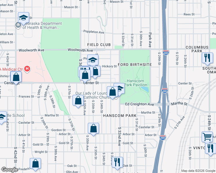 map of restaurants, bars, coffee shops, grocery stores, and more near 1915 South 34th Street in Omaha