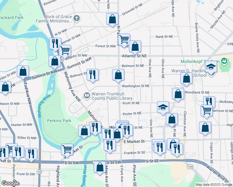 map of restaurants, bars, coffee shops, grocery stores, and more near 513 North Park Avenue in Warren