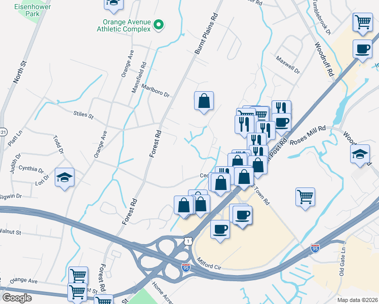 map of restaurants, bars, coffee shops, grocery stores, and more near 36 Cedar Hill Road in Milford