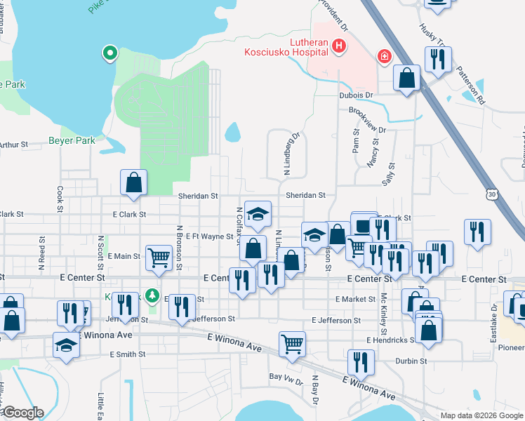 map of restaurants, bars, coffee shops, grocery stores, and more near 1807 E Clark St in Warsaw