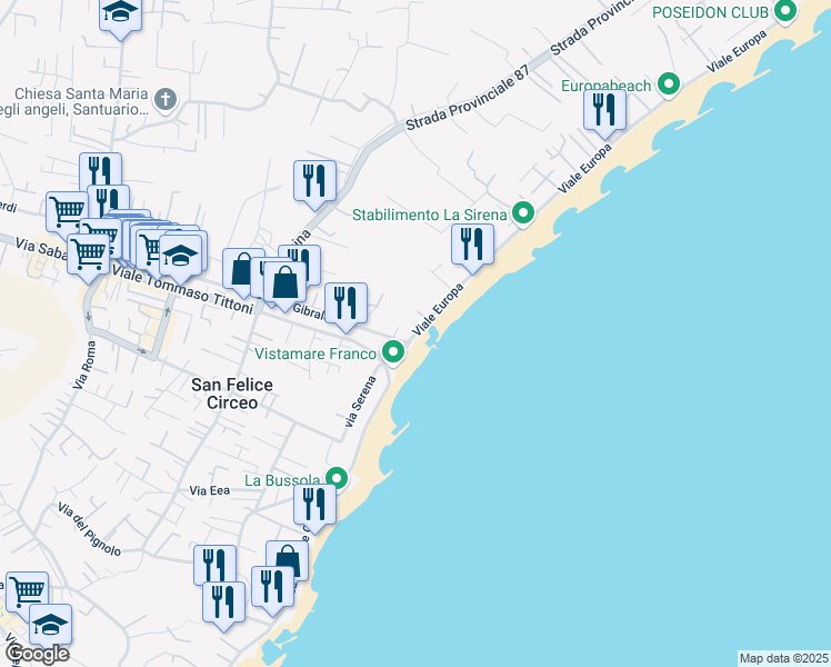 map of restaurants, bars, coffee shops, grocery stores, and more near 9 Viale Europa in San Felice Circeo