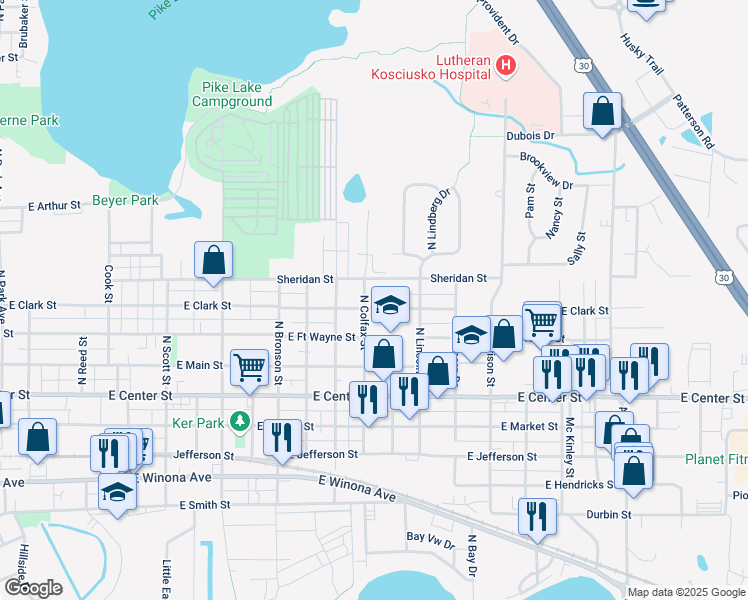 map of restaurants, bars, coffee shops, grocery stores, and more near 1701 East Clark Street in Warsaw