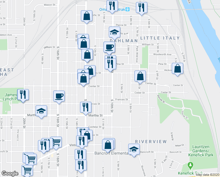 map of restaurants, bars, coffee shops, grocery stores, and more near 1902 South 10th Street in Omaha