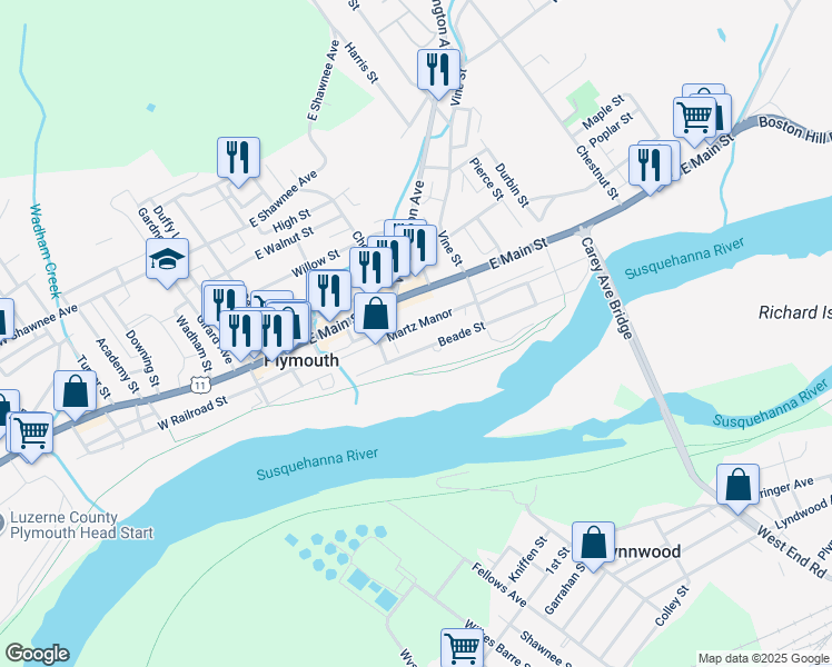 map of restaurants, bars, coffee shops, grocery stores, and more near 222 Beade Street in Plymouth