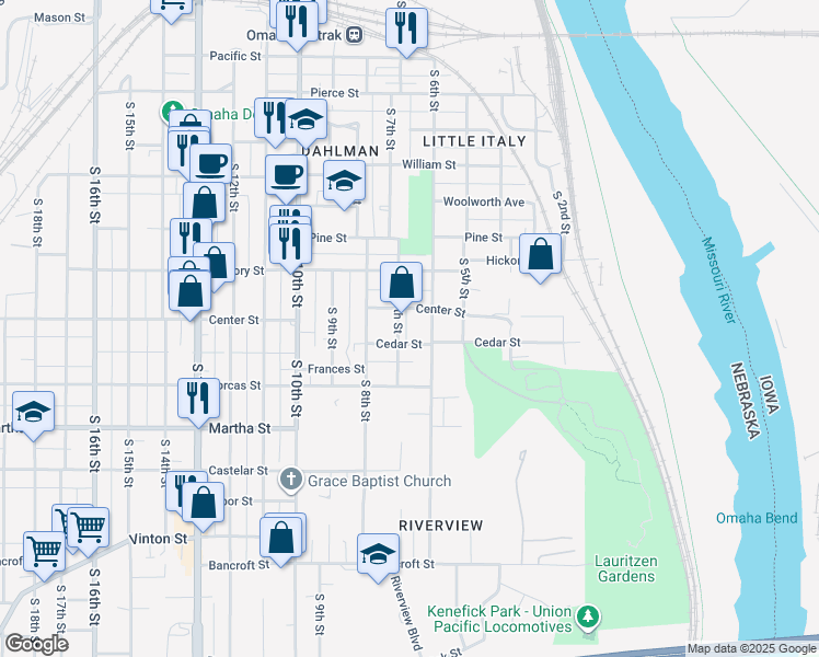 map of restaurants, bars, coffee shops, grocery stores, and more near 1903 South 7th Street in Omaha