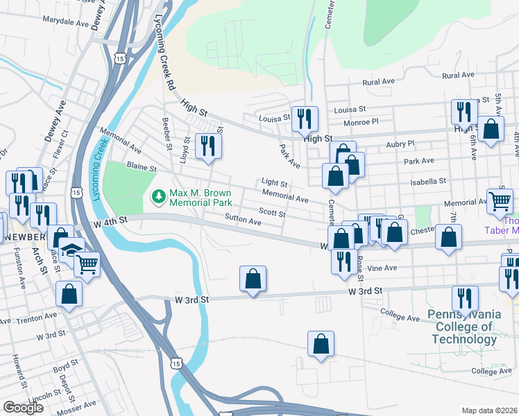 map of restaurants, bars, coffee shops, grocery stores, and more near 1538 Scott Street in Williamsport