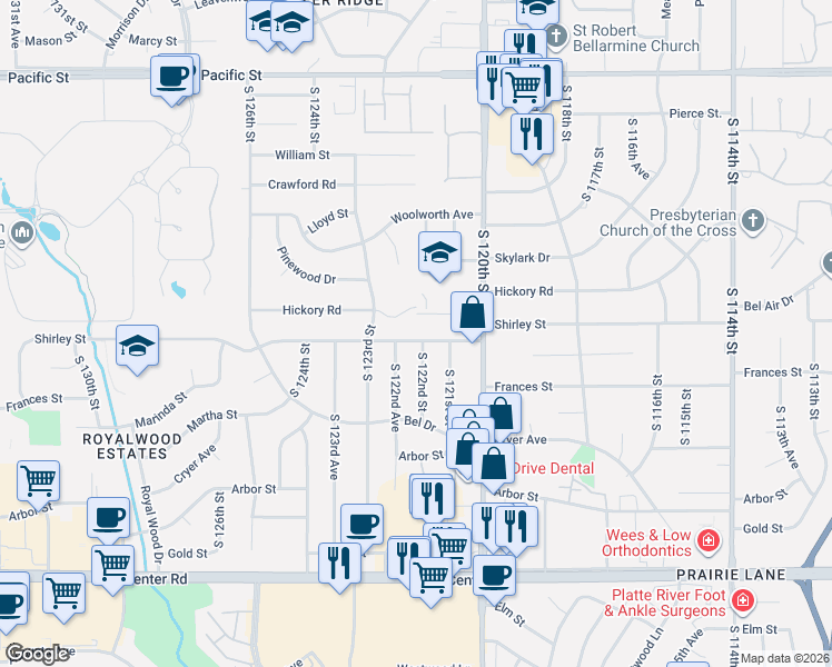 map of restaurants, bars, coffee shops, grocery stores, and more near 12214 Shirley Street in Omaha