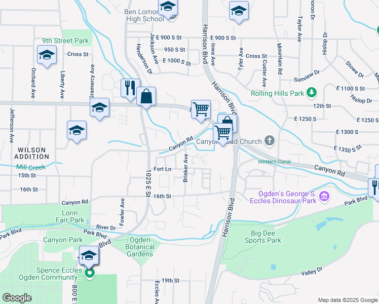 map of restaurants, bars, coffee shops, grocery stores, and more near 1155 East 1390 South in Ogden