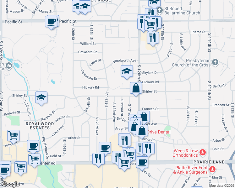 map of restaurants, bars, coffee shops, grocery stores, and more near 12214 Shirley Street in Omaha