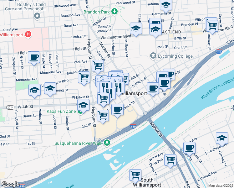 map of restaurants, bars, coffee shops, grocery stores, and more near 349 Pine Street in Williamsport