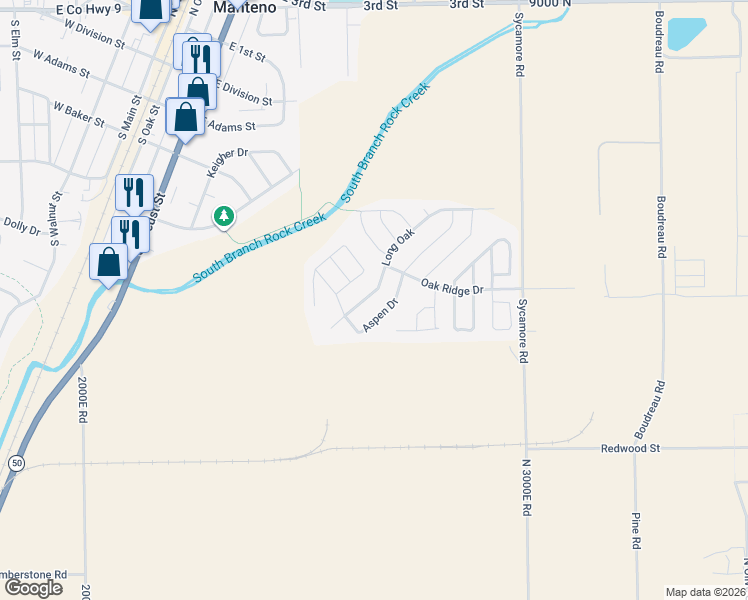 map of restaurants, bars, coffee shops, grocery stores, and more near 1147 Long Oak in Manteno