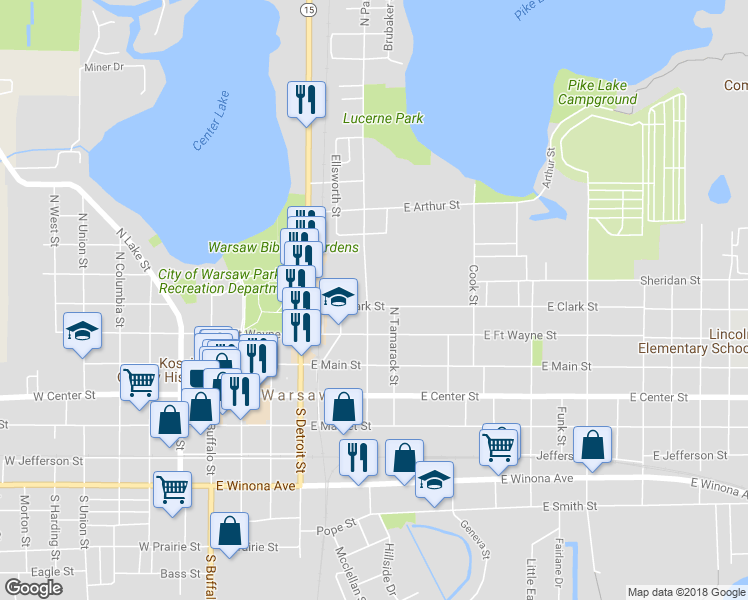 map of restaurants, bars, coffee shops, grocery stores, and more near 603 East Clark Street in Warsaw