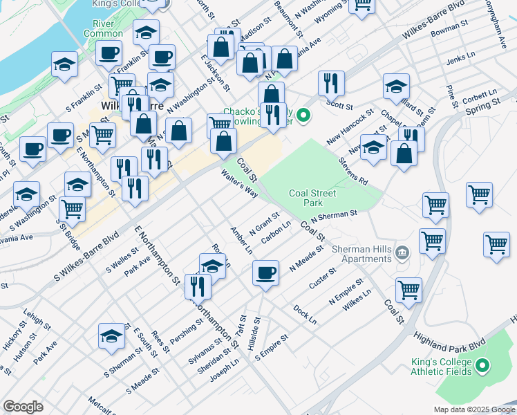 map of restaurants, bars, coffee shops, grocery stores, and more near 58 Hayes Lane in Wilkes-Barre