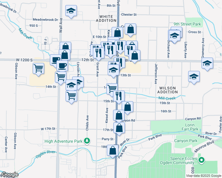 map of restaurants, bars, coffee shops, grocery stores, and more near 387 14th Street in Ogden