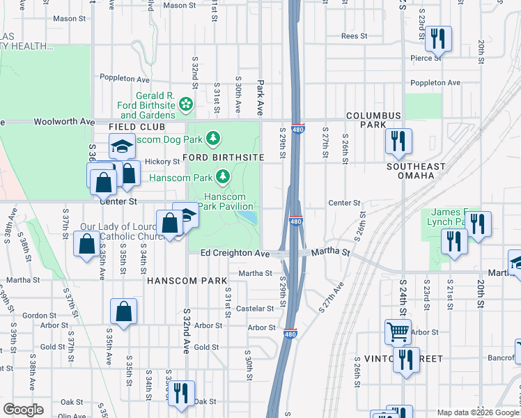 map of restaurants, bars, coffee shops, grocery stores, and more near 1866 Park Avenue in Omaha