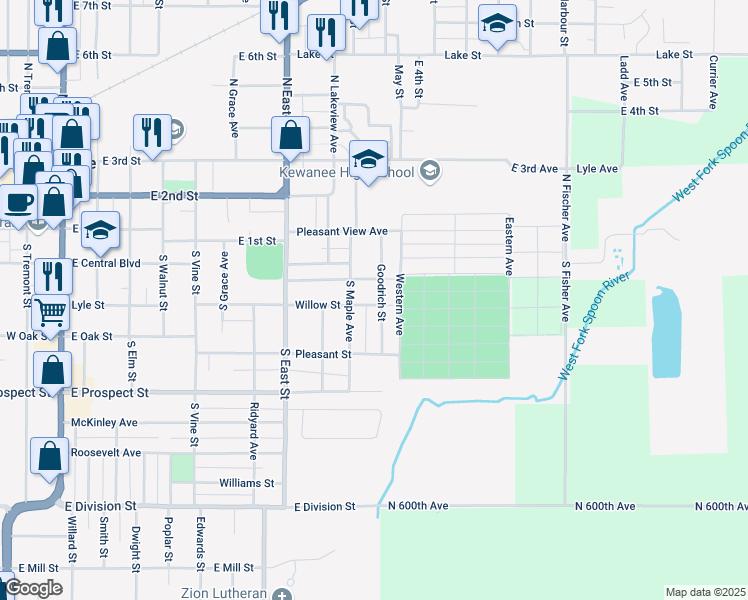 map of restaurants, bars, coffee shops, grocery stores, and more near 235 Goodrich Street in Kewanee