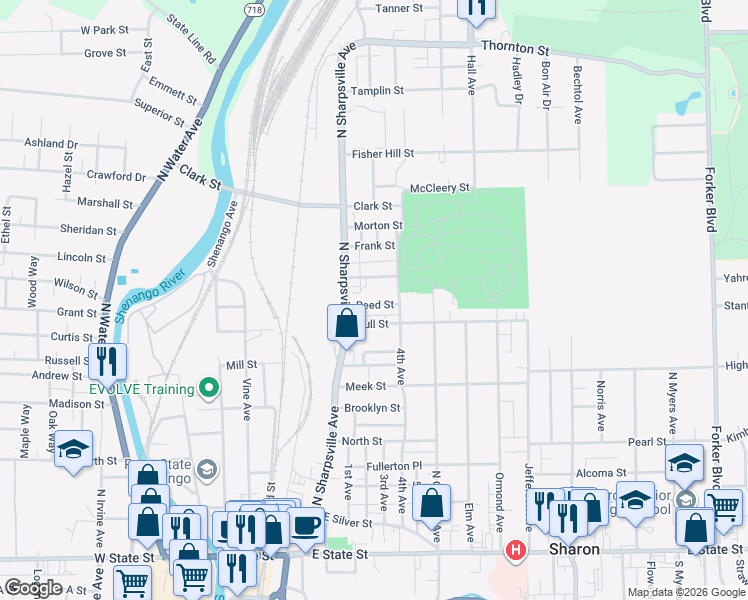 map of restaurants, bars, coffee shops, grocery stores, and more near 399 Reed Street in Sharon