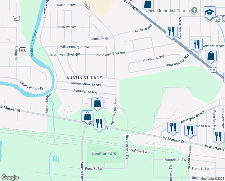map of restaurants, bars, coffee shops, grocery stores, and more near 704 Southern Boulevard Northwest in Warren